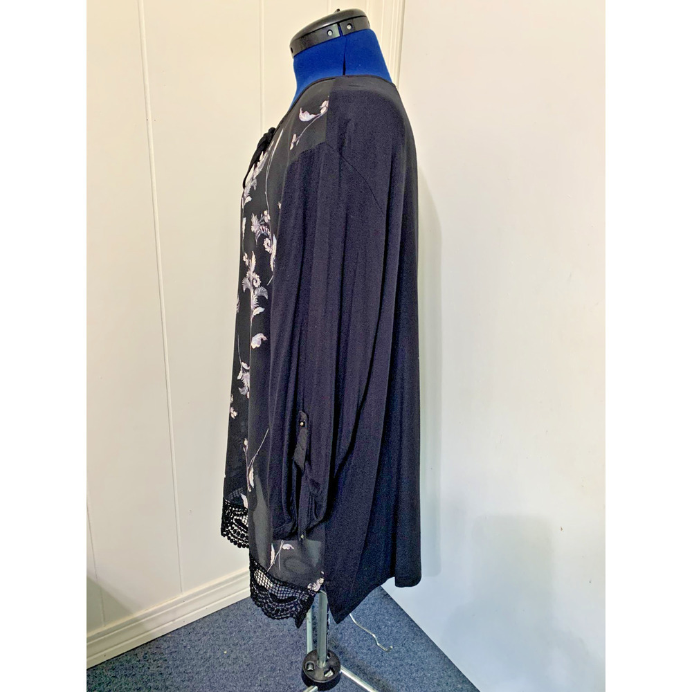 Rose & Olive 3X Black Floral Peasant Tunic Top Roll Tab Sleeve Lace Edging Boho - Picture 4 of 10